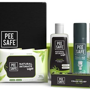 PEESAFE Personal Hygiene Pack (Toilet Seat Sanitizer Spray 75ml, Feminine Cramp Relief Roll On, 30N Biodegradable Panty Liners, Natural Intimate Wash 105ml, 30N Intimate Wipes)